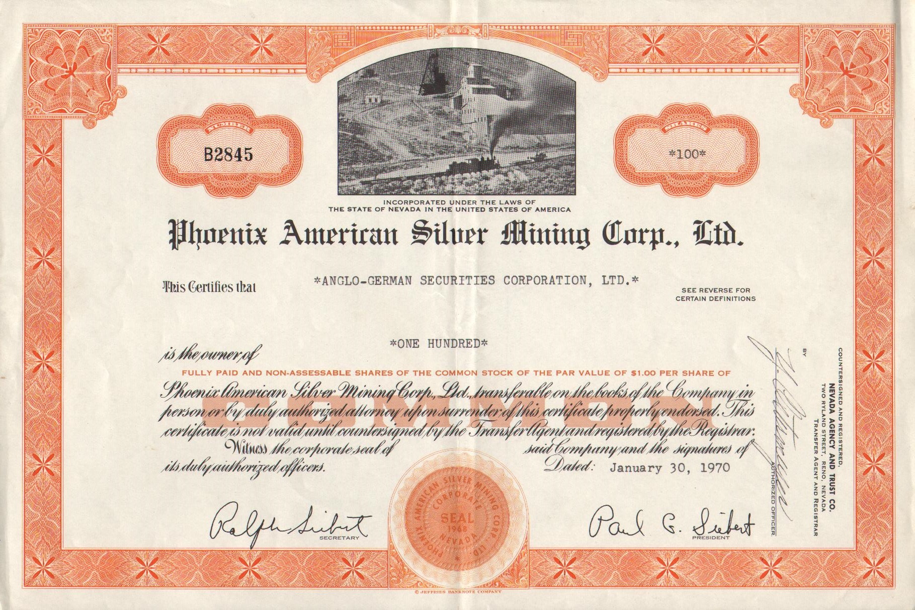 Phelps Dodge Corporation Stock Certificate Mining New York Orange